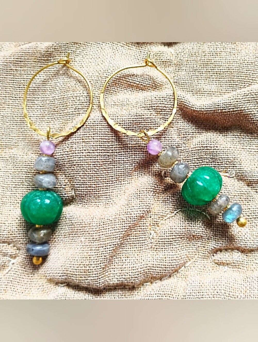Carved Emerald, Labradorite, and Amethyst Charm Hoops